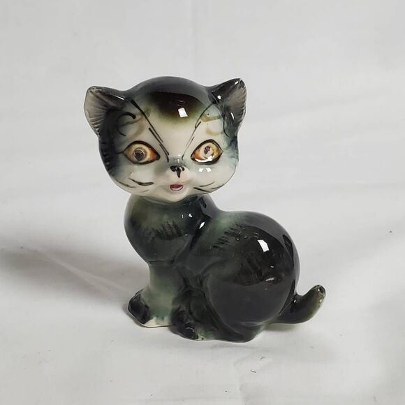 Vintage Japan Ceramic Cat Figurine 4.5" Green Black - Picture 1 of 5